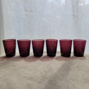 Set Of 6 Vintage Amethyst Swirl Patterned Hand Blown Glasses